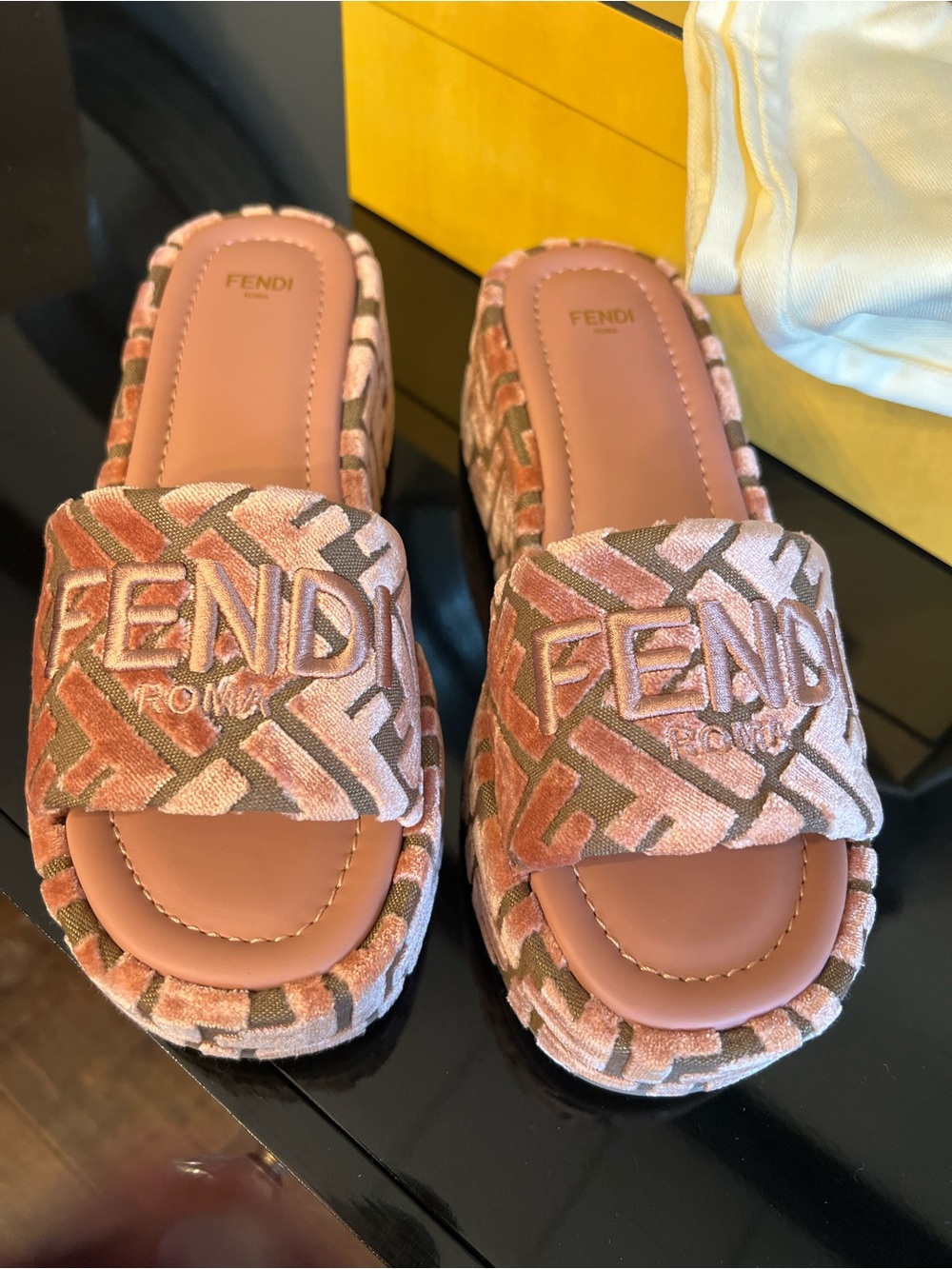 Fendi Pink and Cream FF Logo Velvet Platform Slides - Picture 2 of 4